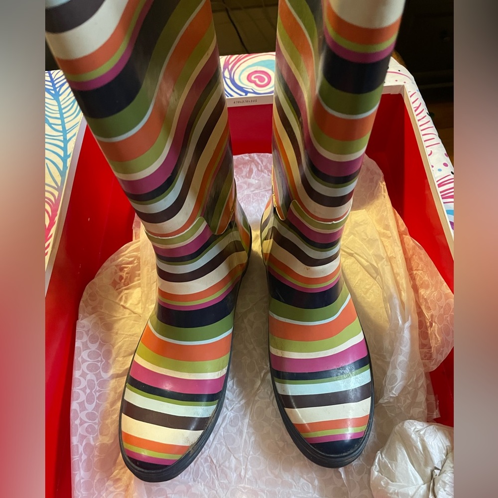 COACH Pammie Striped Multicolor Rain Boots size 10 with original box